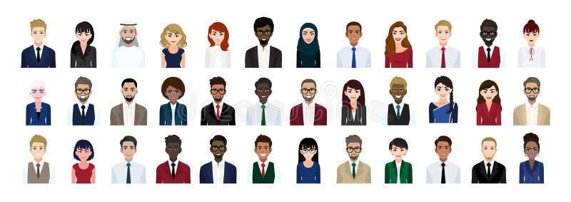 Business people cartoon character head collection set. Businessmen and businesswomen in office style vector