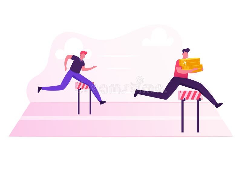 Business People Characters Running Competition. Businessman Holding Huge Pile of Golden Coins in Hands Jump vector illustration Business People Characters Running Competition. Businessman Holding Huge Pile of Golden Coins in Hands Jump vector illustration