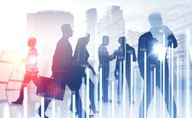 Business people in city, graphs and HUD stock photo Business people in city, graphs and HUD stock photo