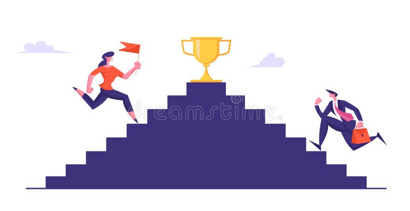 Business People Climbing Stairs with Golden Goblet on Top. Businessman and Woman with Flag Take Part in Business royalty free illustration Business People Climbing Stairs with Golden Goblet on Top. Businessman and Woman with Flag Take Part in Business royalty free illustration