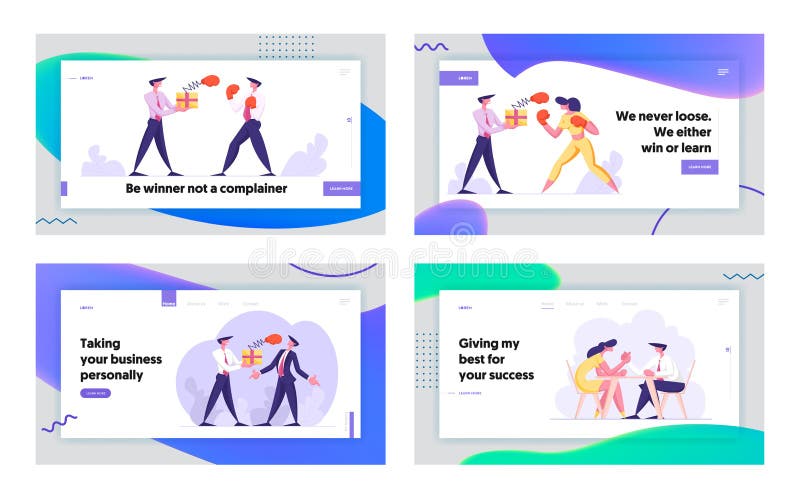 Business People Competition Website Landing Page Set. Woman Fighting with Man Holding Box with Pop Up Boxing Glove stock illustration Business People Competition Website Landing Page Set. Woman Fighting with Man Holding Box with Pop Up Boxing Glove stock illustration
