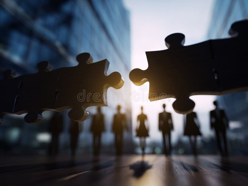Business people connecting jigsaw puzzle pieces in urban setting stock illustration