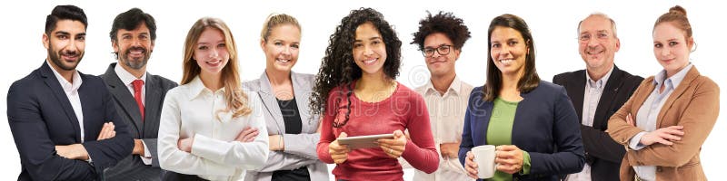 Business people of different ages at work as a panoramic collage royalty free stock images