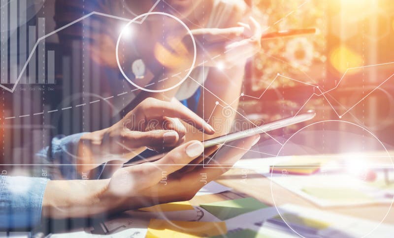 Business People Diverse Brainstorm Meeting Concept. Woman Working Smartphone Tablet Wood Table. Global Strategy Virtual stock photos