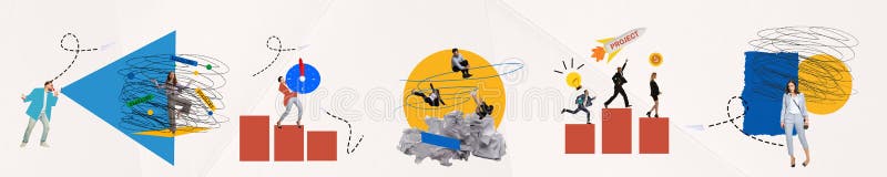 Business people, employees working on projects. Deadlines, startup, time management. Contemporary art collage. royalty free stock photography