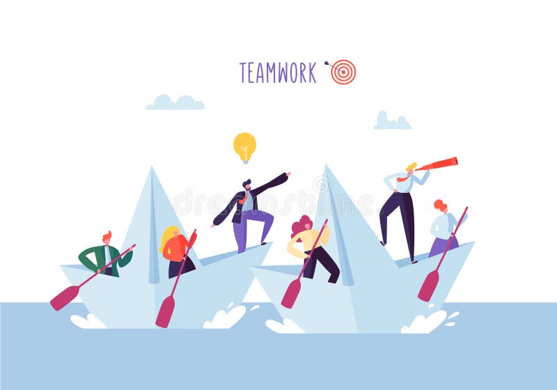 Business People Floating on a Paper Ship. Flat Characters with Spyglass Sailing on Boats. Team Work Leadership Concept vector illustration Business People Floating on a Paper Ship. Flat Characters with Spyglass Sailing on Boats. Team Work Leadership Concept vector illustration