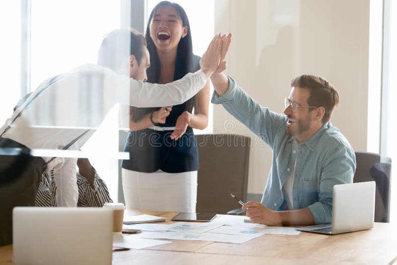 Business People Giving High Five Excited Colleagues Celebrating