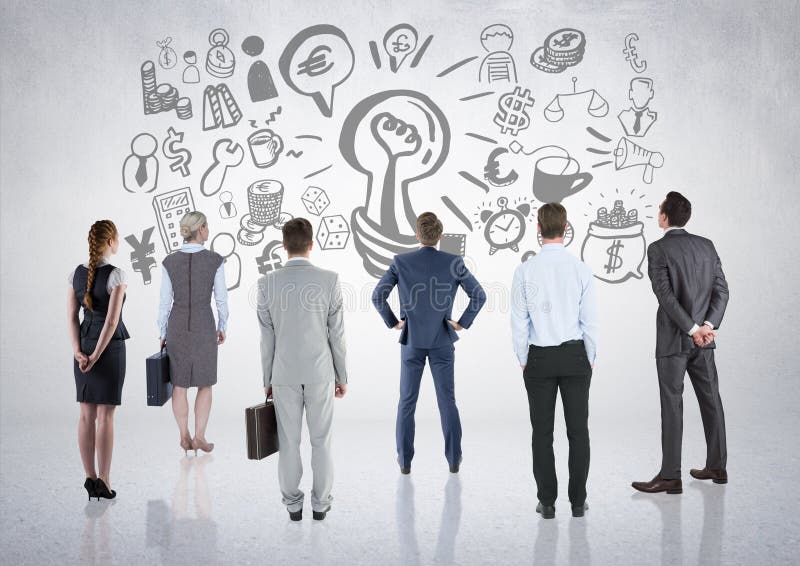 Business people group looking at business graphic drawings stock illustration Business people group looking at business graphic drawings stock illustration