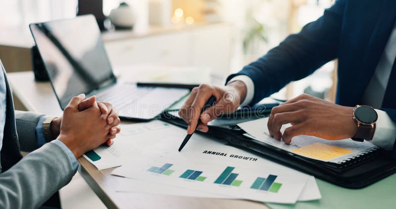 Business people, hands and documents with laptop or statistics for company profit, growth or graph at office. Closeup royalty free stock photos