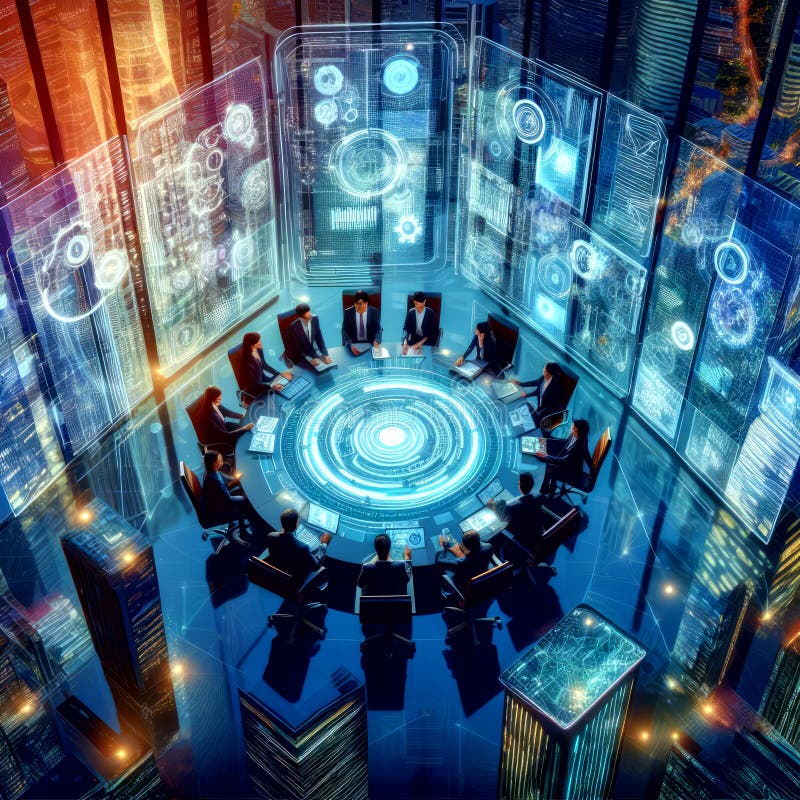 Business People Having Board Meeting In futuristic Office vector illustration