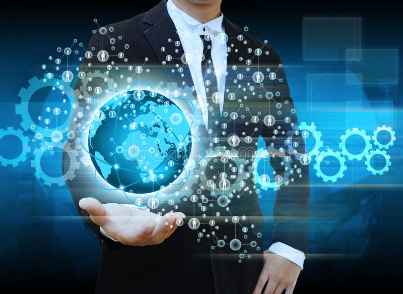 Business people holding social network with globe royalty free stock photos