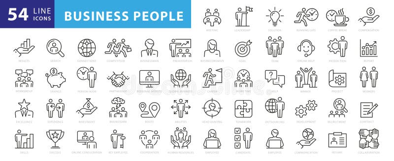 Business people, human resources, office management - thin line web icon set.