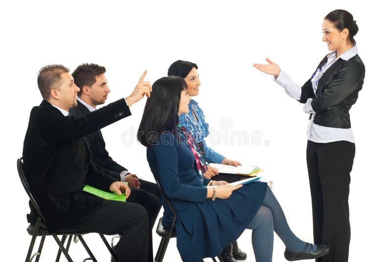 Business woman at seminar asking and one business man know the answer and raising hand isolated on white background. Smiling asking stock images, royalty-free photos and pictures