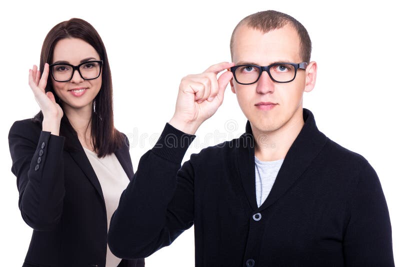 Business People with New Eyeglasses Isolated on White Stock Image