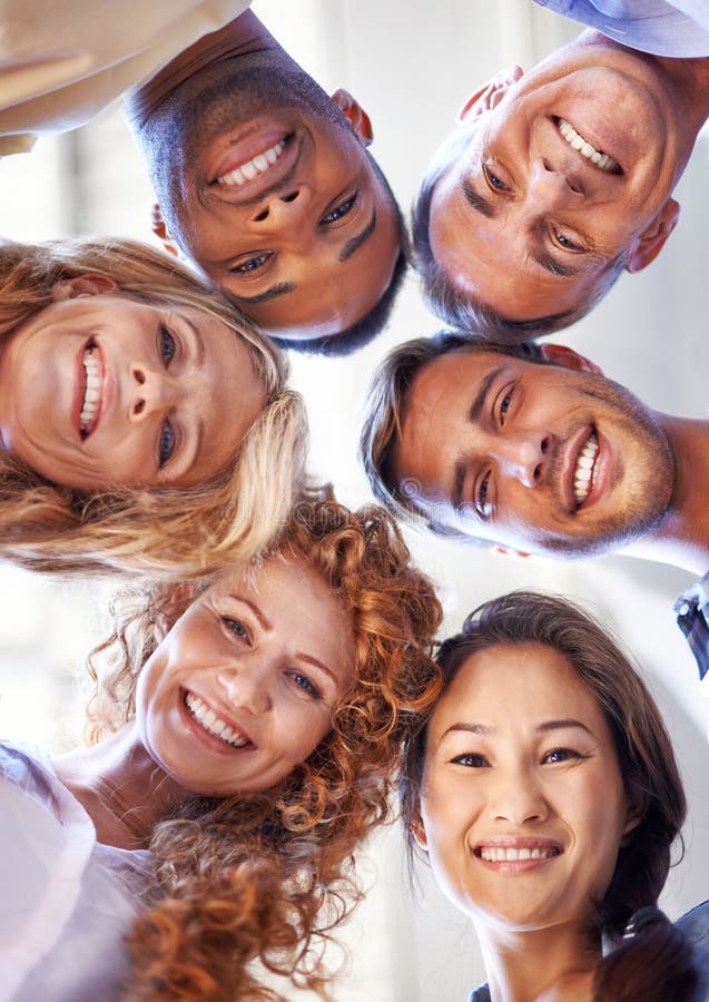 Business people, portrait and office circle with team, collaboration and proud group. Employees, united staff and stock images