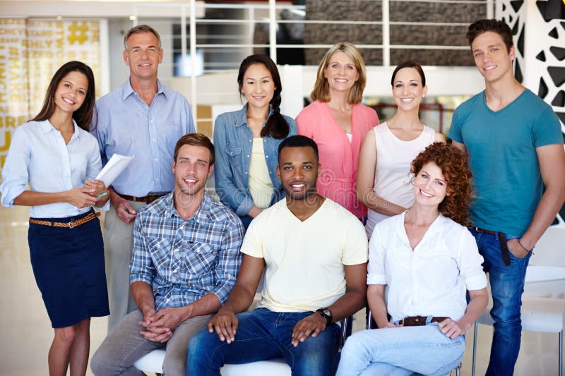 Business people, portrait and office for creativity in team, collaboration and proud group. Employees, united staff and stock photos