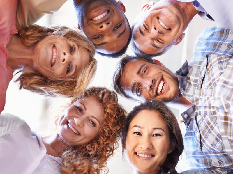 Business people, portrait and office huddle with team, collaboration and proud group. Employees, united staff and stock photo