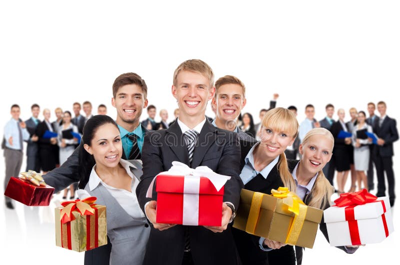 Business people hold gift box present over big group of people. Business people hold gift box present over big group of people