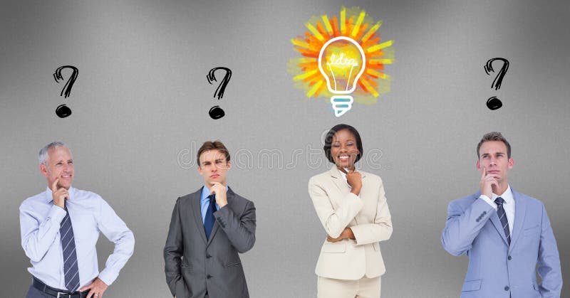 Digital composite of Business people with question marks and light bulb over head