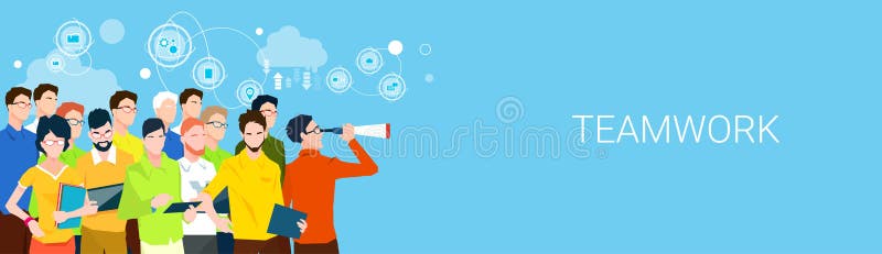 Business People Team Boss Hold Binoculars Teamwork Banner With Copy Space Stock Vector Illustration Of Employee Executive