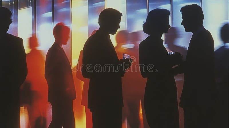 Business people are walking in a blurred corridor with dramatic lighting stock illustration