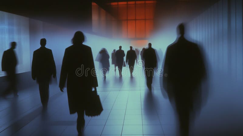 Business people walking in a blurred corridor with dramatic lighting royalty free illustration
