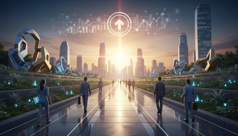 Business people walking a bright pathway to a future city vector illustration