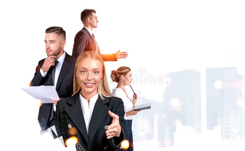 Business people work together stretching out hands for handshake royalty free stock image