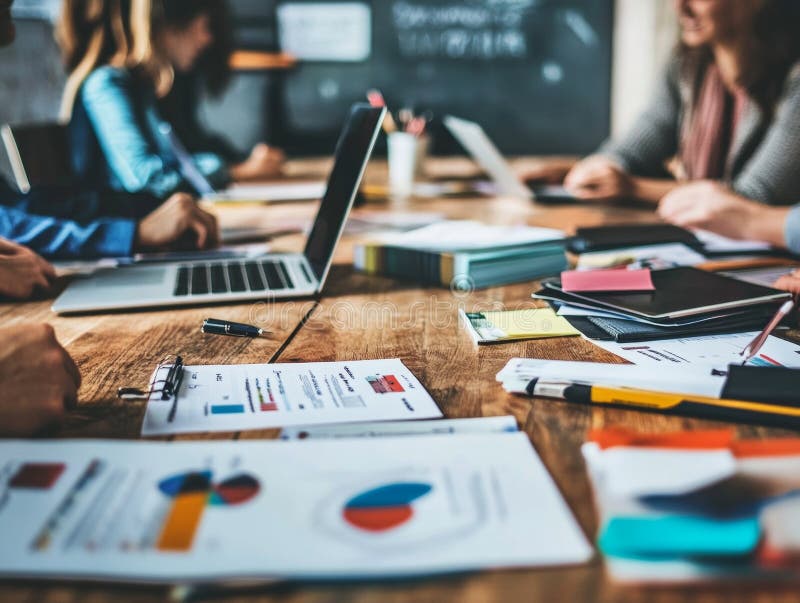 Business people working with statistics, charts and graphs using laptops in office meeting royalty free illustration