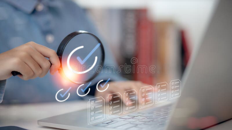 Business performance monitoring concept, businessman using magnifying glass Online survey filling out, digital form checklist royalty free stock photos