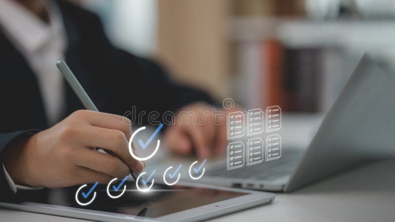 Business performance monitoring concept, businessman using smartphone Online survey filling out, digital form checklist royalty free illustration
