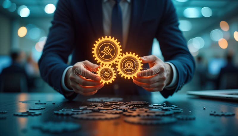 Business person arranges glowing gears on table. Innovative business approach. Modern tech concept. Company restructuring. vector illustration