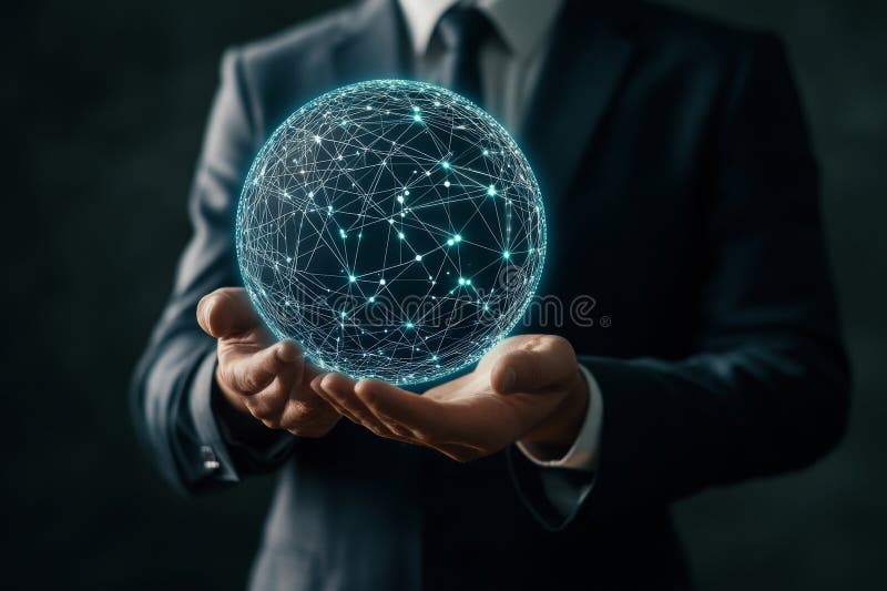 Business person holding a hand, abstract wire frame mesh network rendering image royalty free stock image