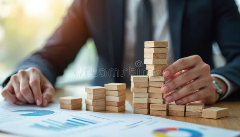 Business person stacks wooden blocks creating growing structure. Financial data reports, charts show progress. Focuses on growth. royalty free illustration