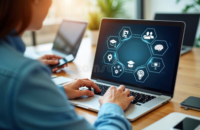 Business person uses laptop for online education. LMS icon on laptop screen. Person studying training. Person using tech for royalty free illustration