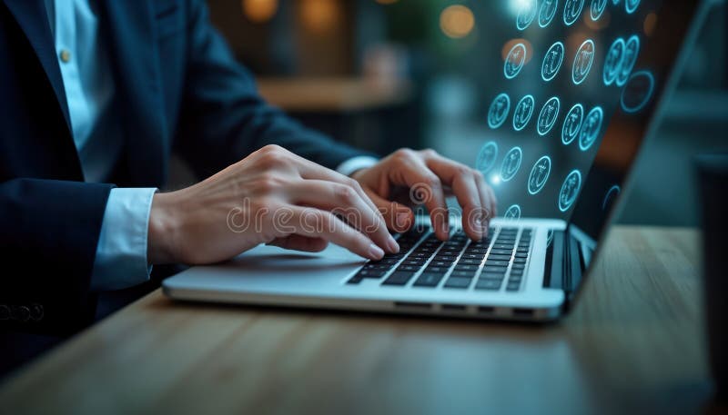 Business person uses laptop to complete digital checklist. Person works on tasks, project planning. Modern tech used for better royalty free illustration