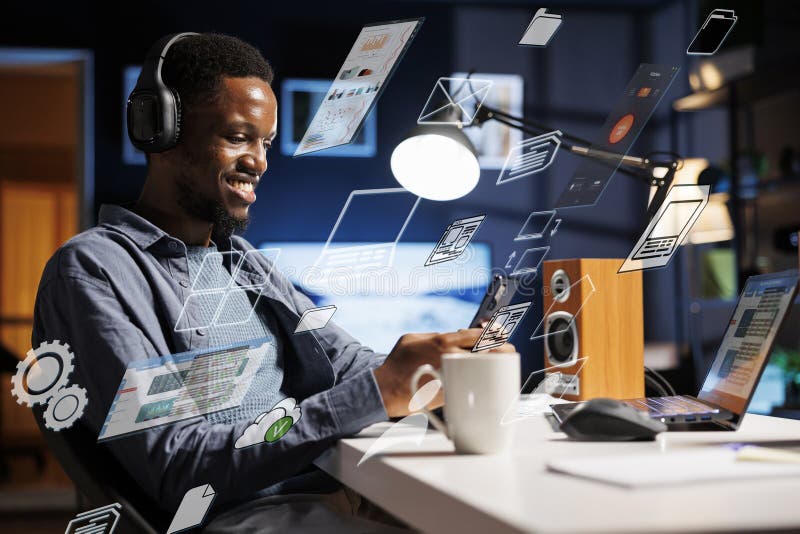 Business person using laptop multitasking to finish daily startup tasks royalty free stock image