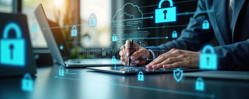 Business person working on cyber security. Person uses tablet, stylus to manage cyber protection. Focus on secure network system. royalty free illustration