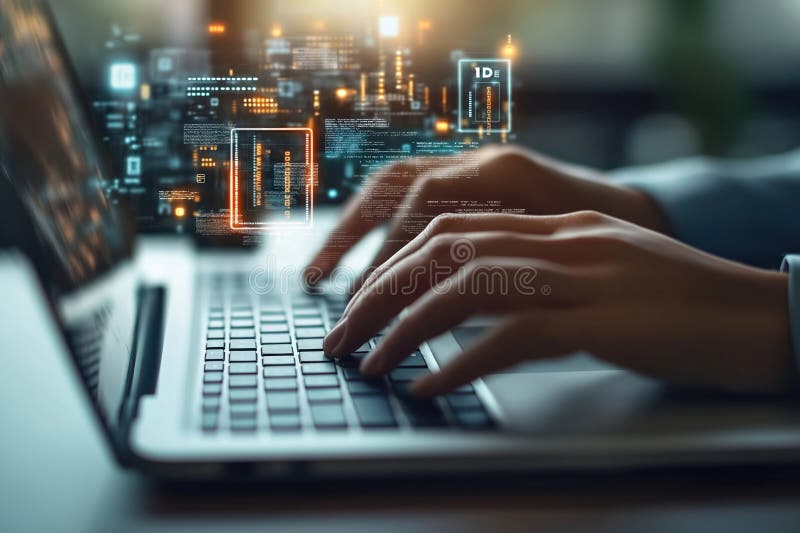 Business person working on laptop. Hands type on keyboard. ID security tech concept. Person protecting personal data. Digital royalty free illustration