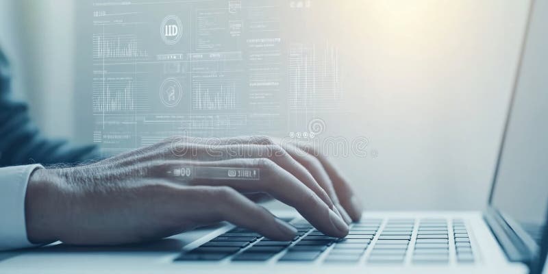 Business person works on laptop. Hands type on keyboard. Screens show tech data. ID security concept. Identity protection vector illustration