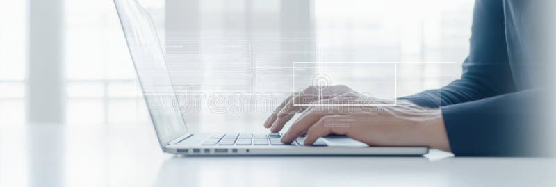 Business person works on laptop managing online documents. Efficient work processes shown on screen. Person uses computer for royalty free illustration