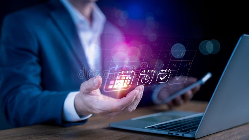 Business Planning Agenda Calendar: Work Schedule Concept, Entrepreneurs annotate the virtual calendar, workflow plan, and Organize stock photos