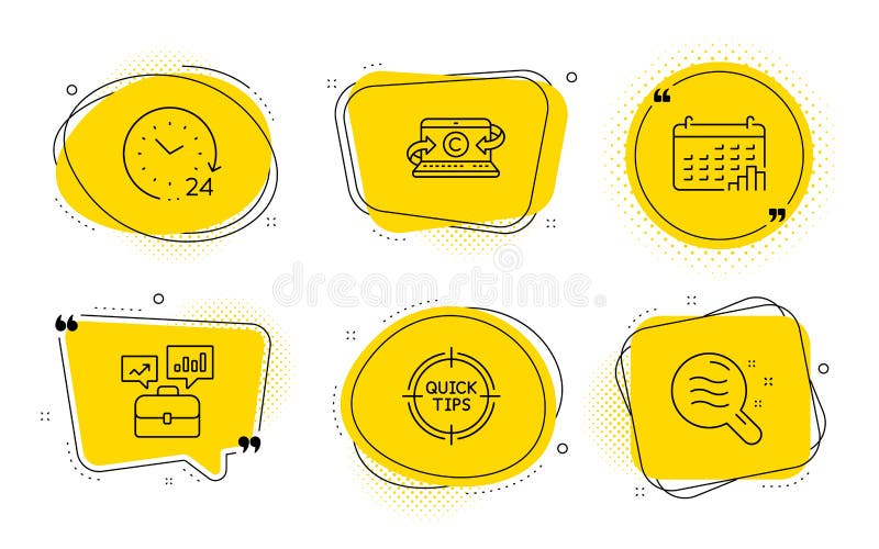 Copywriting notebook, Tips and 24 hours icons set. Business portfolio, Calendar graph and Skin condition signs. Vector royalty free illustration