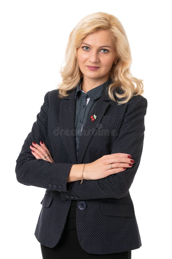 business portrait of a middle aged woman in a suit on a white isolated background