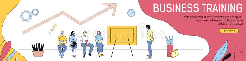 Business Presentation, Meeting And Teamwork Concept. Business Team Characters In Protective Masks Present Report Graph royalty free illustration