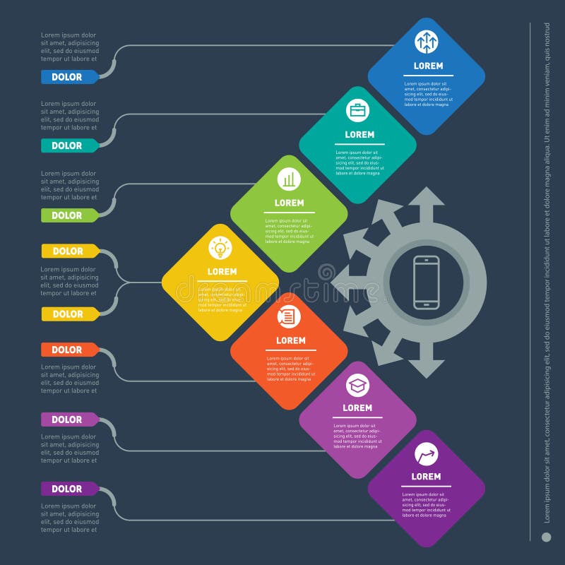 Business presentation with seven options. Vector dynamic infographics of technology or education process. Part of the report with royalty free illustration
