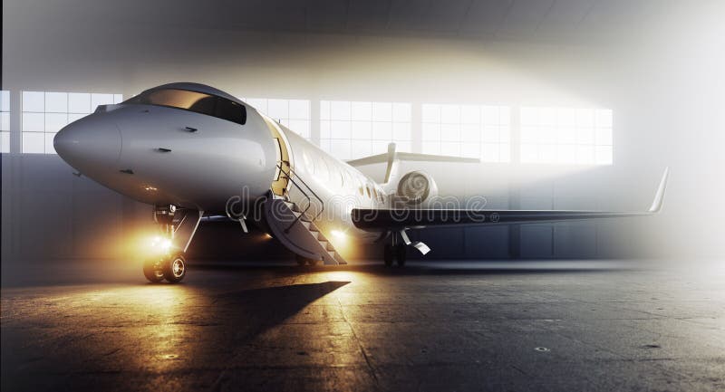 Business private jet airplane parked at terminal. Luxury tourism and business travel transportation concept. 3d vector illustration Business private jet airplane parked at terminal. Luxury tourism and business travel transportation concept. 3d vector illustration