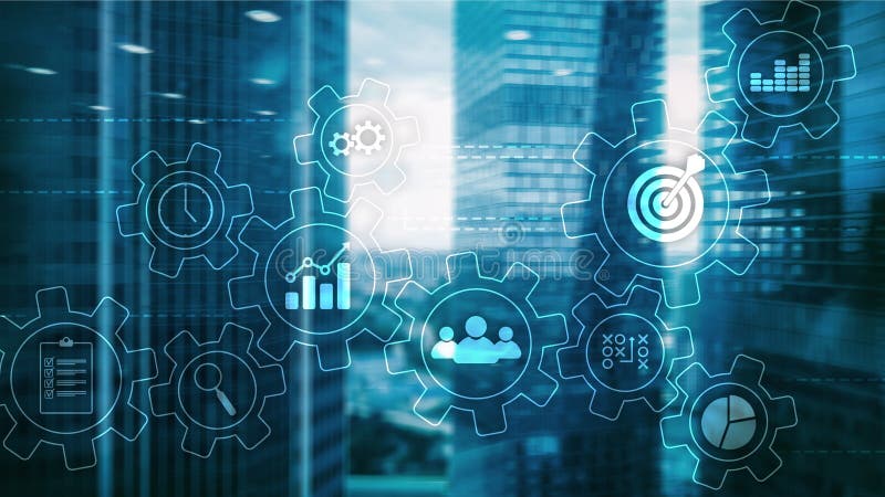 Business process automation concept. Gears and icons on abstract background royalty free stock photo Business process automation concept. Gears and icons on abstract background royalty free stock photo