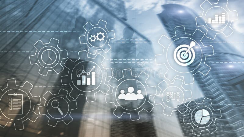 Business process automation concept. Gears and icons on abstract background stock photos Business process automation concept. Gears and icons on abstract background stock photos