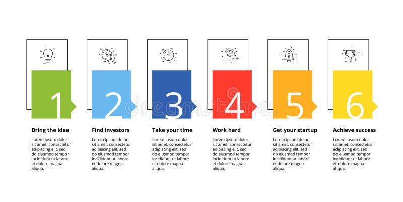 Business process chart infographics with 6 step circles. Circular corporate workflow graphic elements. Company flowchart stock illustration